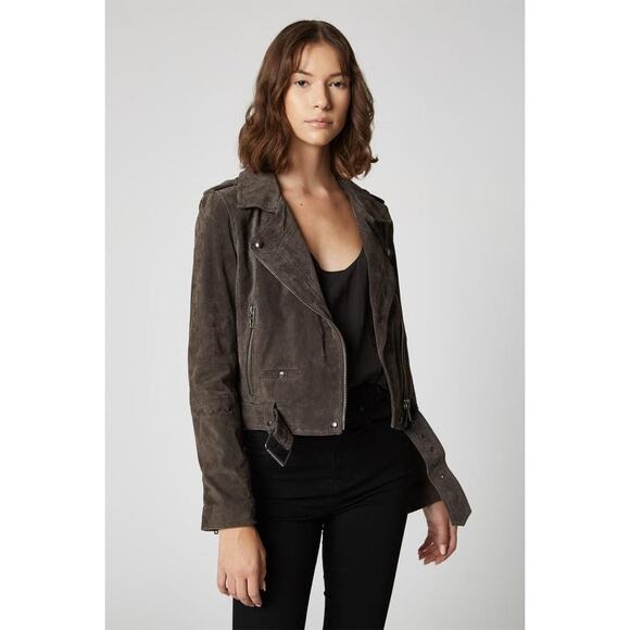 BLANKNYC Suede Moto Jacket French Grey Small Asymmetrical Zip Belted Hem Leather - Picture 1 of 8